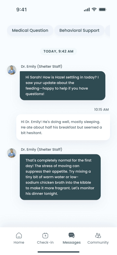 Pet care messages screen